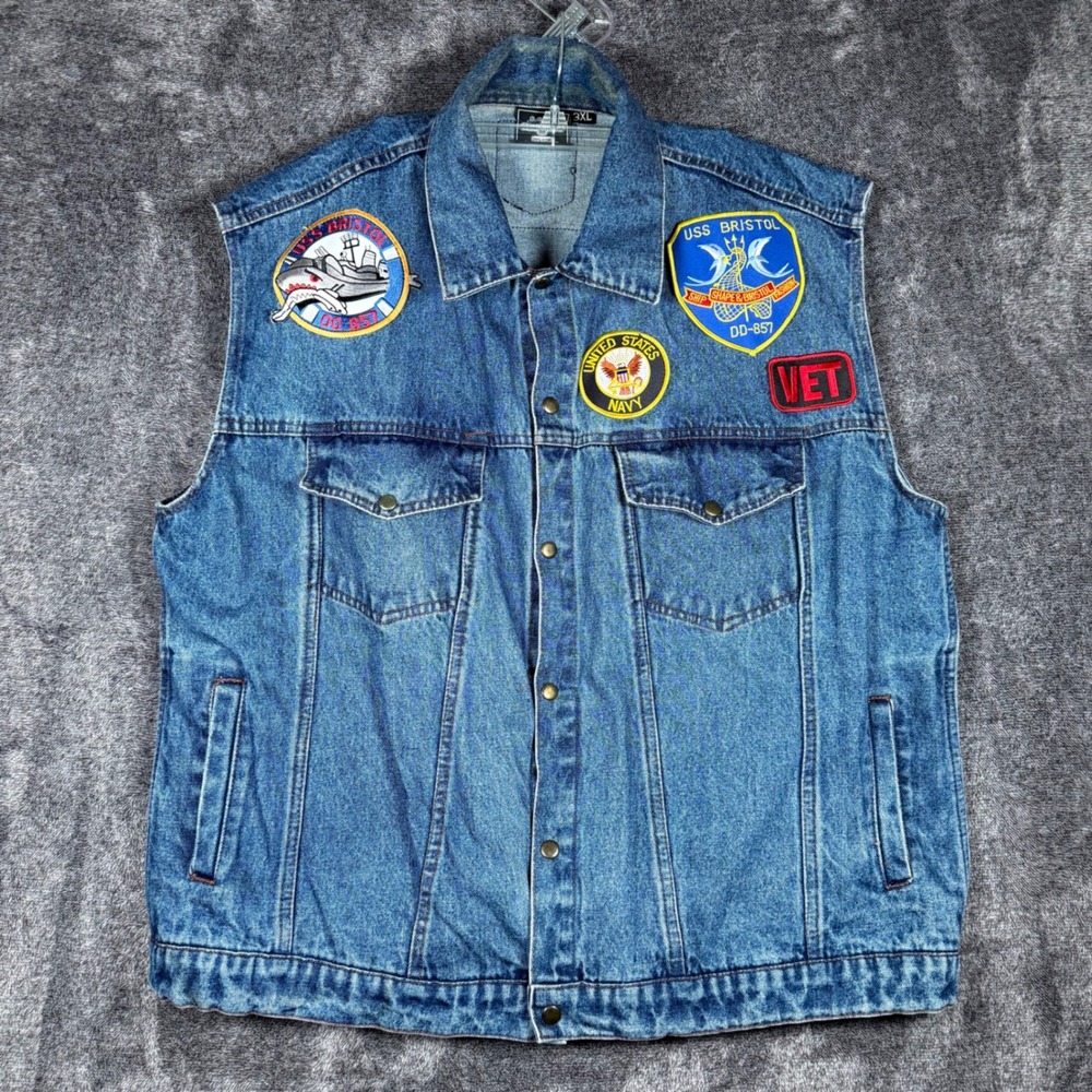Sports Gallery Mens 3XL Denim Vest USS Bristol Navy HOG Patches Blue Trucker VET